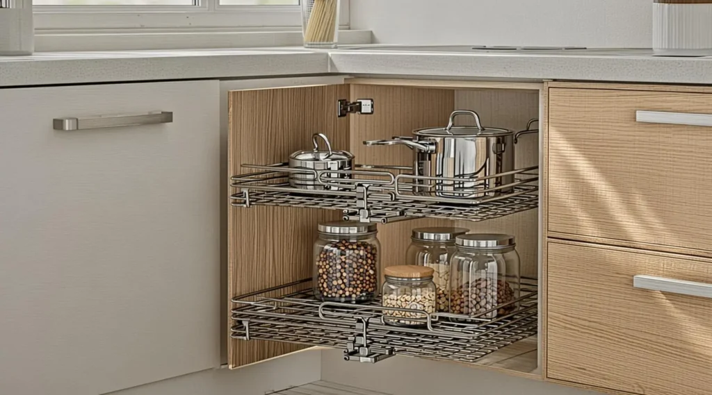 کابینت آشپزخانه کوچک : ۱۲ ایده کاربردی برای بزرگتر دیده شدن فضا + انتخاب بهترین صفحه کابینت 8 کابینت آشپزخانه کوچک با سیستم قفسههای کشویی بازشده در گوشه، دسترسی آسان به قابلمه و ظروف را نشان میدهد.