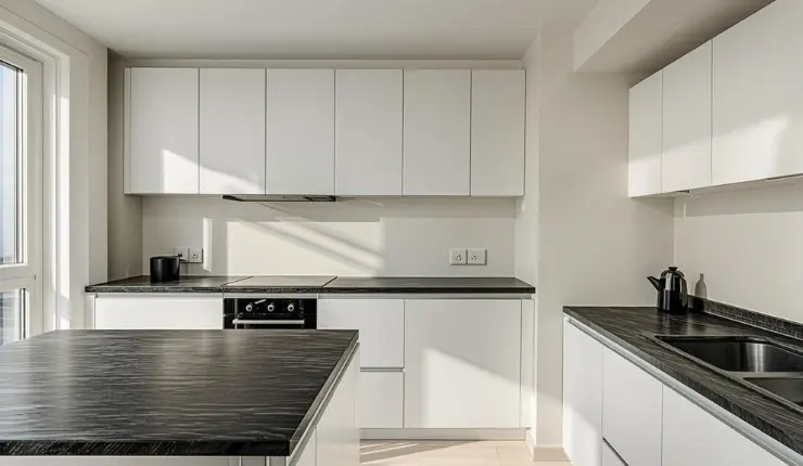 صفحه کابینت کوارتز مشکی؛ مزایا، معایب و نکات انتخاب برای آشپزخانه 1 صفحه کابینت کوارتز مشکی در آشپزخانه سفید